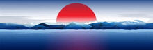 Sea, Mountains And Red Sun.