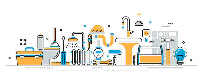 Wall Mural - flat line vector design concept of plumbing and handyman service, house problems, painting, repairs 