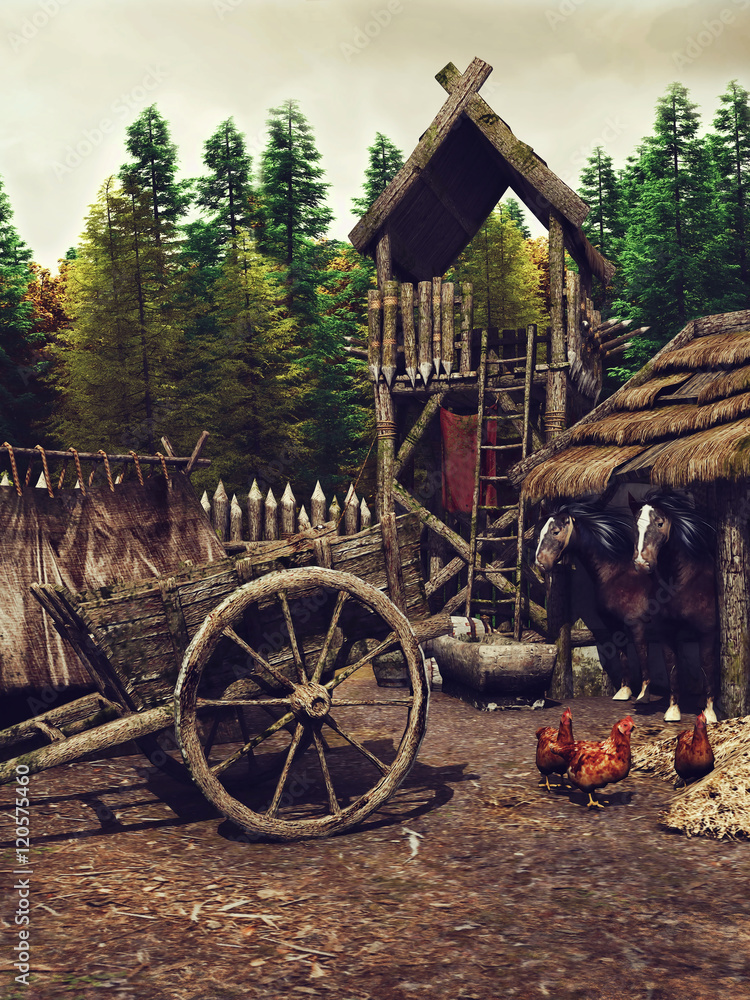 Średniowieczna wioska w lesie - obrazy, fototapety, plakaty 