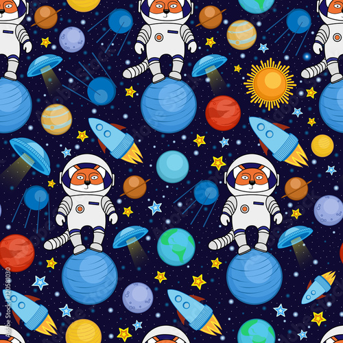bezszwowa-kreskowka-astronautyczny-wzor-lisa-astronauta-statek-kosmiczny-planety-satelity