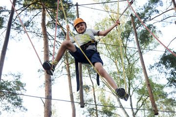 Portrait of active brave boy enjoying outbound climbing at adventure park on tree top