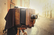 Wooden retro camera outdoors