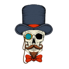 Skull In A  Hat  Monocle  With A Beard Sketch Vector Illustration