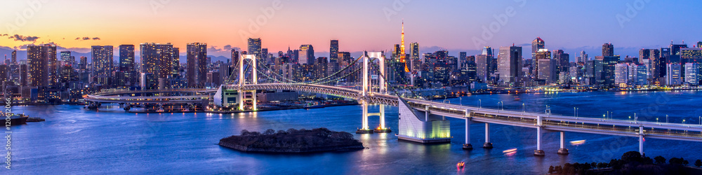 Rainbow Bridge Panorama in Tokyo, Japan - obrazy, fototapety, plakaty 