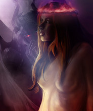 Woman Possessed By Devil. Illustration Of A Pretty Woman Possessed By Whispering Devil Angel By Her Side With Neon Crown Of Thorns. 