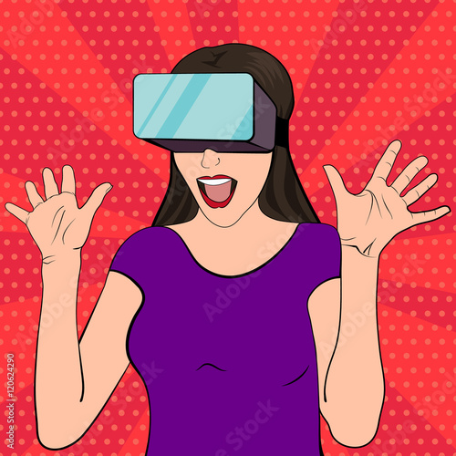 Naklejka dekoracyjna Woman wearing virtual reality goggles. Vector illustration of an excited and surprised woman in a pop art retro style. Pop art girl with her mouth open and hands raised. VR gaming. Vintage poster.