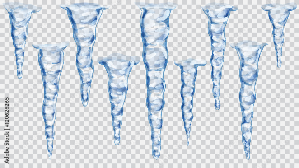 Set of translucent icicles on transparent background. Transparency only in vector file - obrazy, fototapety, plakaty 