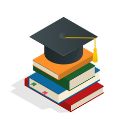 Isometric Graduation concept illustration. Heap of book graduate cap on top book license stationery.