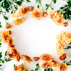 round frame wreath pattern with chrysanthemum, branches and leaves isolated on white background. flat lay, top view