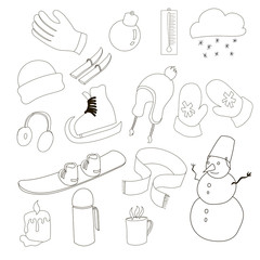 Wall Mural - Winter icons set in outline style. Winter clothes and sport equipment set collection vector illustration