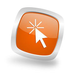 Poster - click here square orange glossy chrome silver metallic web icon