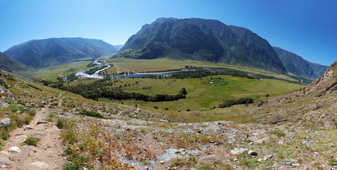 View of the valley of Altai river Chulyshman from the slope of m