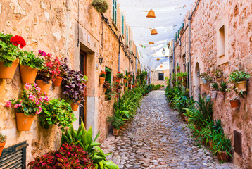 Wall Mural - Picturesque street with flowers in an Spanish hill town