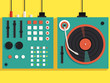Playing mixing music on vinyl turntable. Vector flat illustration