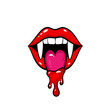 Sexy red vampire woman open mouth with fangs and dripping blood on tongue. Vector comic design element in pop art retro style isolated on white background. 