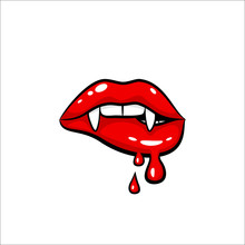 Sexy Red Vampire Woman Lips With Fangs And Dripping Blood Make Up. Vector Comic Illustration In Pop Art Retro Style Isolated On White Background. 