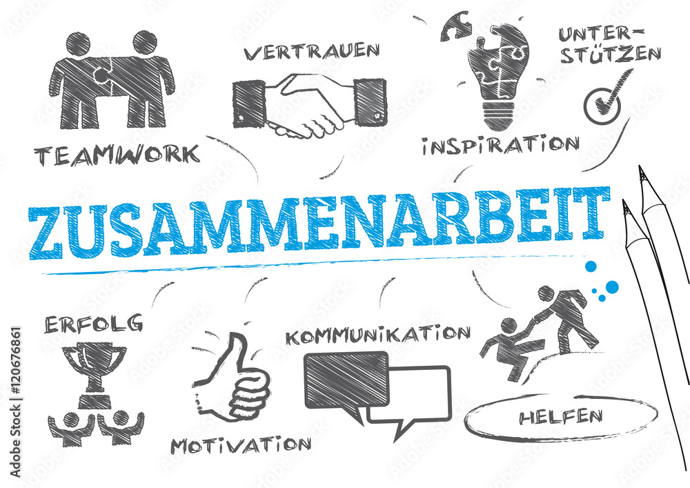 Symbolbild Zusammenarbeit mit Schlagworten und icons Stock Vector
