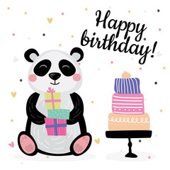 Wall Mural - Cute birthday greeting cards design with panda