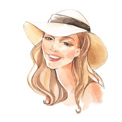 Girl in a hat. Fashion sketch. Hand drawn illustration. Watercolor female face