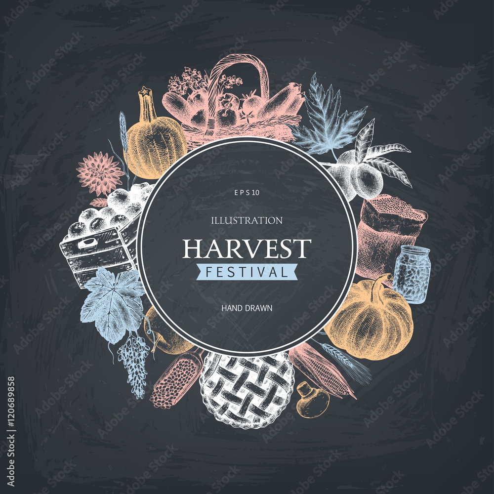 Vector frame for traditional autumn festival design. Hand drawn harvest ...