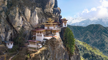 Taktshang Goemba Or Tiger's Nest Temple Or Tiger's Nest Monastery The Beautiful Buddhist Temple.The Most Sacred Place In Bhutan Is Located On The High Cliff Mountain With Sky Of Paro Valley, Bhutan.