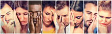 Collage Group Of Sad Depressed People. Unhappy Men Women