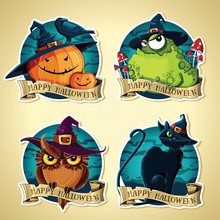 Set Of Halloween Vintage Vector Labels With Pumpkins, Toad, Owl And Black Cat