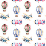 Seamless pattern with air balloons,airship and the plane in pastel colors.Watercolor air ballons beautifully decorated on white background and other aircrafts.Perfect for wallpaper,kids texture,gift 