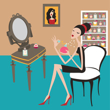 Illustration Of Young Woman Sitting On The Chair Using Perfume. Room Illustration With Woman And Vanity Table. Evening Time.