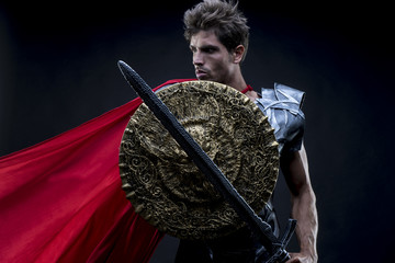 Wall Mural - Power, centurion or Roman warrior with iron armor, military helm