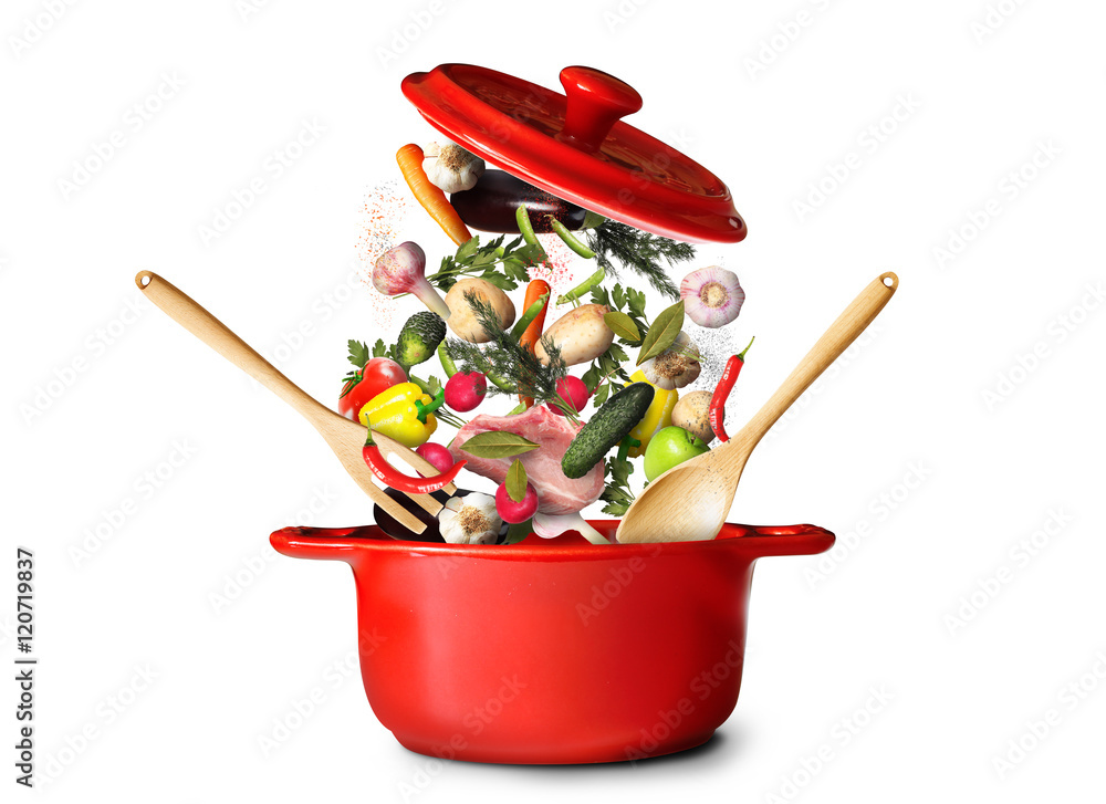 Big red pot for soup with vegetables - obrazy, fototapety, plakaty 