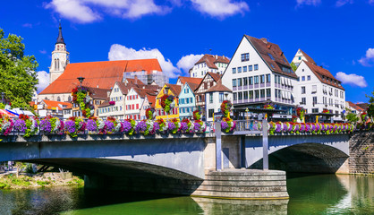 Wall Mural - Beautiful towns of Germany - Tubingen, view of the bridge decorated with flowers