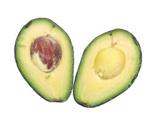 Fresh Organic Avocado Cut In Half Separated On White Background
