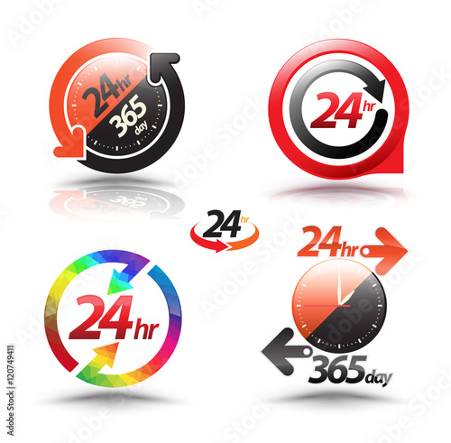 Fényképezés 24 hours open customer service collection. Vector illustration.