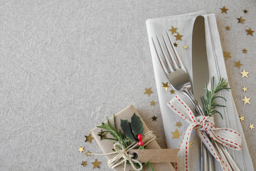 Wall Mural - Christmas dinner table place setting, holidays copy space background