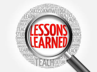 Wall Mural - lessons learned word cloud with magnifying glass, concept 3d illustration