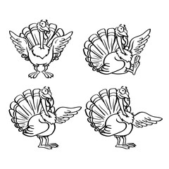 set of outline coloring cartoon turkey with a smile on white background