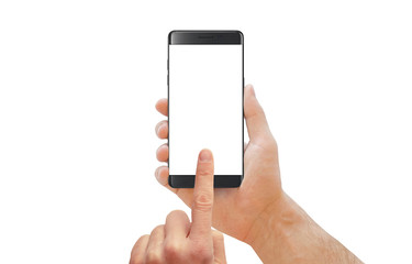 Poster - Man touch isolated cell phone display. Black modern smartphone with curved edge in man hand. White isolated screen for mockup. Isolated background.