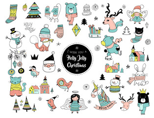 Wall Mural - Christmas hand drawn cute doodles, stickers, illustrations and elements