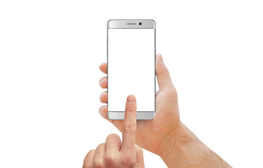 Wall Mural - White modern smartphone with curved edge in man hand. Man touch isolated cell phone display. White isolated screen for mockup. Isolated background.