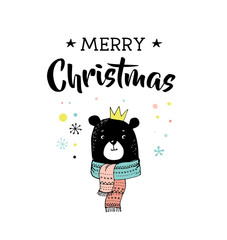 Wall Mural - Merry Christmas hand drawn cute doodle, illustration and greeting cards with bear. Lettering, typography