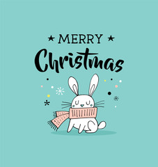 Wall Mural - Merry Christmas hand drawn cute doodle, illustration and greeting cards with bunny. Lettering, typography