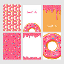 Set Of Bright Food Cards. Set Of Donuts With Chocolate Glaze. Donut Seamless Pattern.