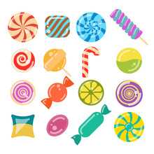 Lollipop Candies Set. Flat Style Vector Illustration Of 12 Sweets On White Background. For Game, Postcard, Invitation And Web Design