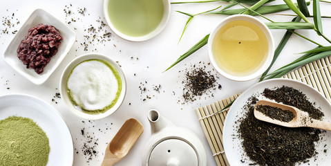 japanese green tea set on white table background. over light