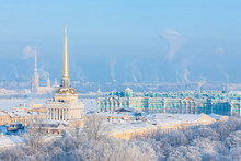 Admiralty, Hermitage Peter And Paul Fortress In Winter. View From St. Isaac's Cathedral, St. Petersburg, Russia