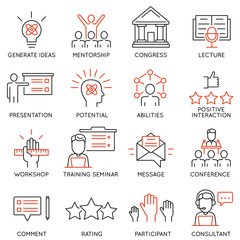 Vector set icons related to career progress, corporate management, business people training and professional consulting service. Mono line pictograms and infographics design elements