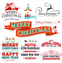 Vector Set Of Vintage Christmas Labels, Badges And Banners With Santa Claus, Present, Tree, Sleigh And Reindeers Illustrations In Retro Style. Set Of  Typographic Decorative Design Elements.