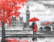 .oil painting on canvas, street view of london, river and bus on bridge. Artwork. Big ben. man and woman under a red umbrella