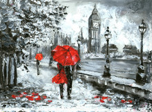Oil Painting, Street View Of London. Artwork, Black, White And Red, Big Ben
